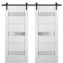 Quadro 4055 White Silk Double Barn Door with Frosted Glass | Black Rail