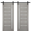 Quadro 4088 Grey Ash Double Barn Door with Frosted Glass | Black Rail