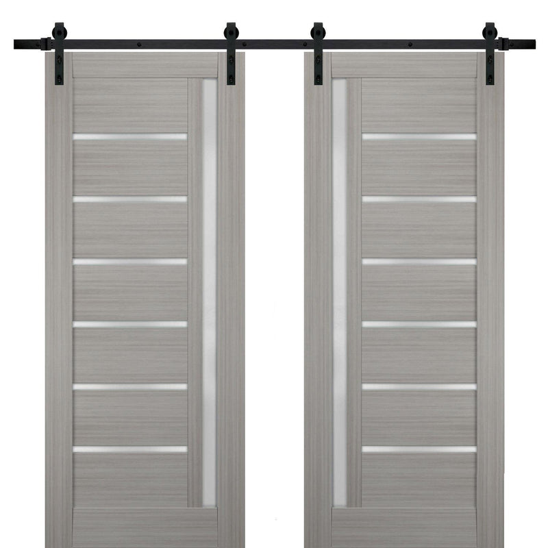 Quadro 4088 Grey Ash Double Barn Door with Frosted Glass | Black Rail