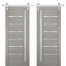 Quadro 4088 Grey Ash Double Barn Door with Frosted Glass | Silver Finish Rail