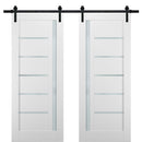 Quadro 4088 Matte White Double Barn Door with Frosted Glass | Black Rail