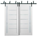 Quadro 4088 Matte White Double Barn Door with Frosted Glass | Black Bypass Rails