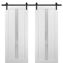 Quadro 4112 Matte White Double Barn Door with Frosted Glass | Black Rail