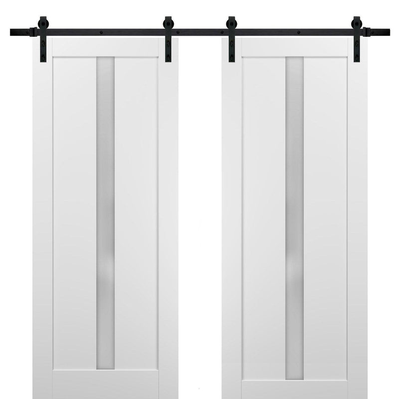 Quadro 4112 Matte White Double Barn Door with Frosted Glass | Black Rail