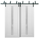 Quadro 4112 Matte White Double Barn Door with Frosted Glass | Black Bypass Rails