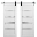 Quadro 4113 Matte White Double Barn Door with Frosted Glass | Black Rail