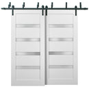 Quadro 4113 White Silk Double Barn Door with Frosted Glass | Black Bypass Rails