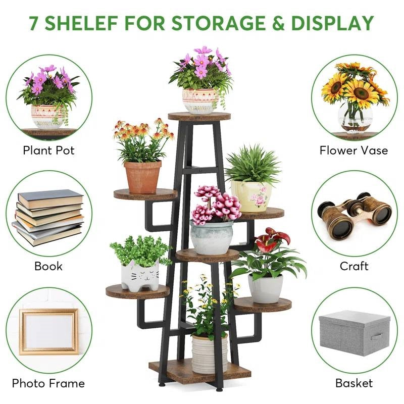 multi tier plant pot Modern Indoor Multi-Tier Plant Stand with Black Metal Frame and Wood Shelves