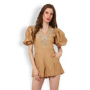 Tonal Embroidered Brown Romper Dress - XS to XL