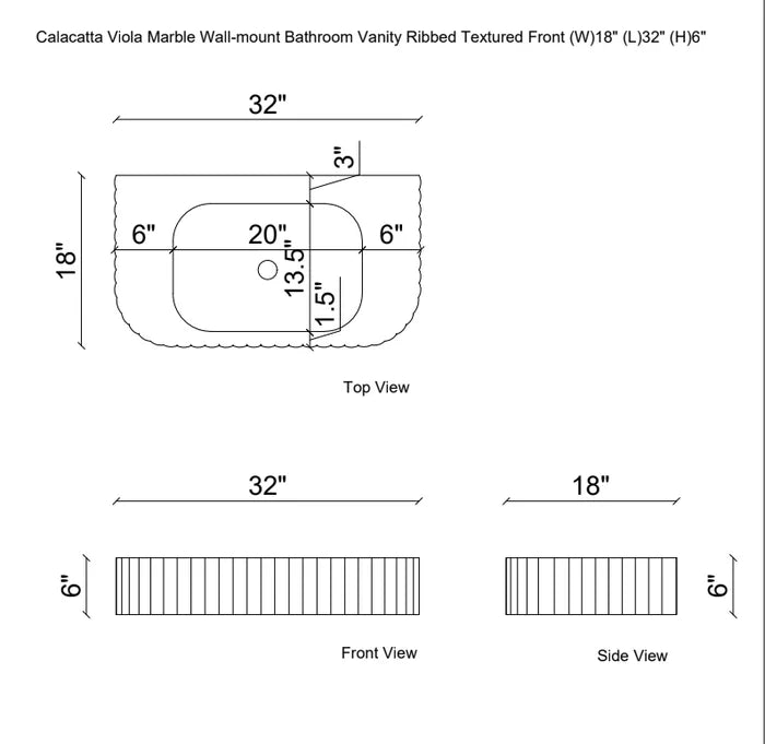 Calacatta Viola Marble Wall-mount Bathroom Vanity Sink Ribbed Textured Front (W)18" (L)32" (H)6" technical drawing