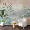 Heron and Bamboo Wallpaper Mural - Nature Scene with Mountains