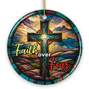 Religious Cross Jesus Stained Glass Art Ornament with Faith over Fear Quote