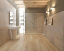 SPC Vinyl Rigid Core 9" Width 60" RL, 8mm Thick, 2mm IXPE Renegade Tan Paragon Floors - Mazzia Collection Product shoot wash room view