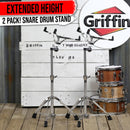 2-PACK- Concert Stand Up Snare Drum Stands by GRIFFIN | Tall Adjustable Chrome Height Stand For Drummers Percussion Practice Pads & Drums | Extended Height Drum Hardware Mount Holder With Basket Clamp