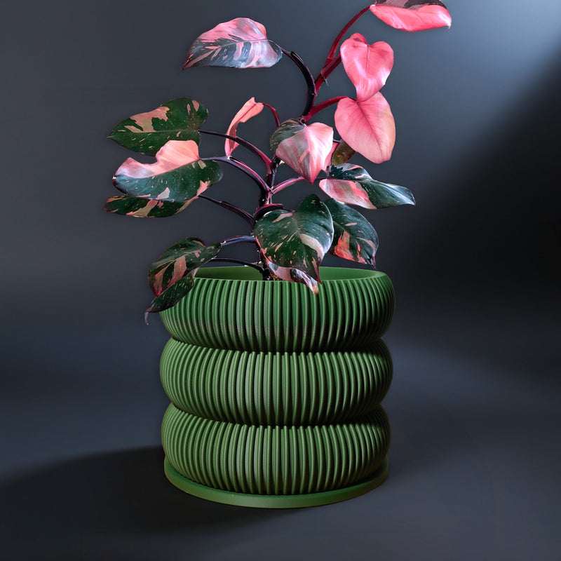 Ribbed Bubble Plant Pot With Drainage and Saucer Green / 4 Inch