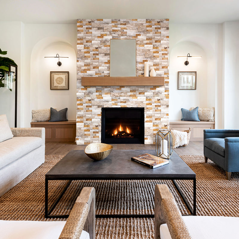 Riverrock Ledger 3D Panel 6x24 Natural Travertine Wall Tile splitface installed living room fireplace room scene square