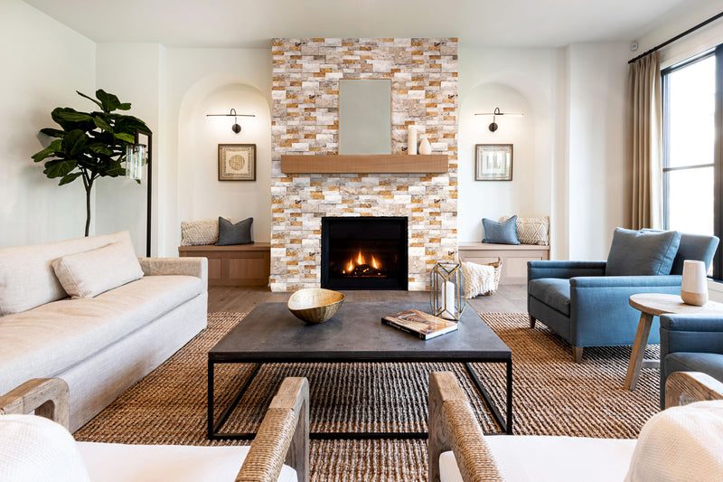 Riverrock Ledger 3D Panel 6x24 Natural Travertine Wall Tile splitface installed living room fireplace room scene
