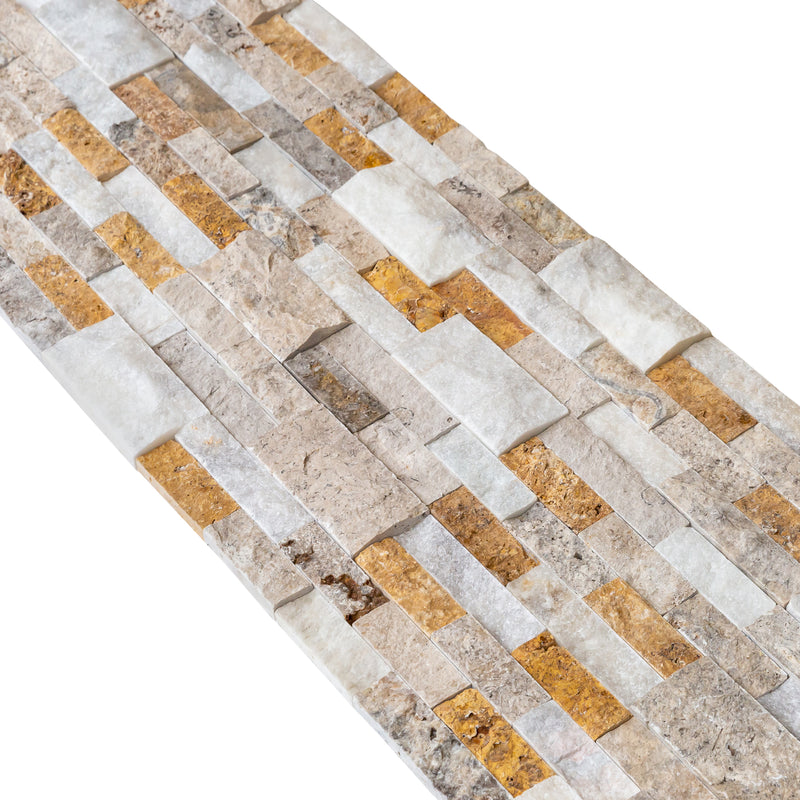 Riverrock Ledger 3D Panel 6x24 Natural Travertine Wall Tile splitface multiple closeup view