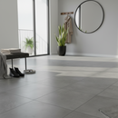 Modern interior with gray tiled floor, plant, and coat rack.