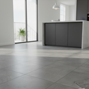 Modern kitchen with gray tiled floor and white walls