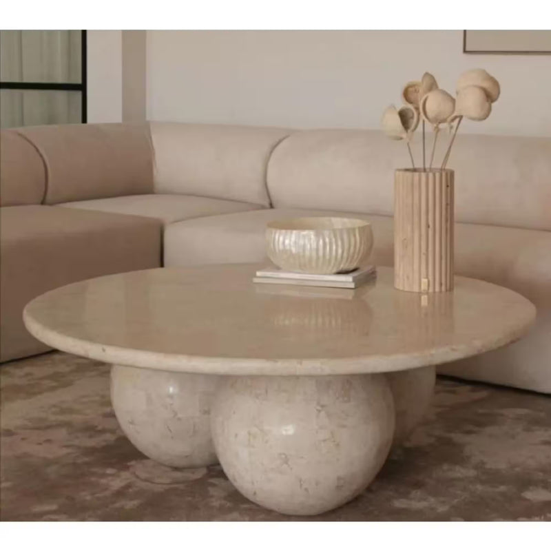 Round designer coffee table travertine filled polished D36 3 sphere legs