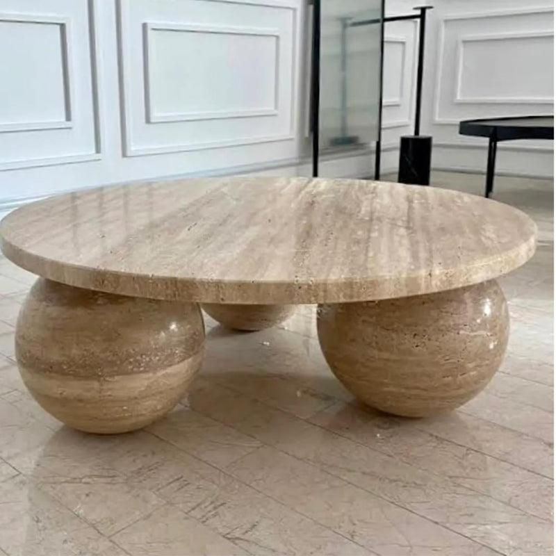 Round designer coffee table travertine filled polished D36 3 sphere legs