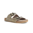 Myra Rio Amarillo Embossed Leather Sandals for Women in Beige â€“ Dual Buckle Design, Cork Sole Comfort, Western Slip-on