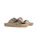 Myra Rio Amarillo Embossed Leather Sandals for Women in Beige â€“ Dual Buckle Design, Cork Sole Comfort, Western Slip-on