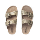 Myra Rio Amarillo Embossed Leather Sandals for Women in Beige â€“ Dual Buckle Design, Cork Sole Comfort, Western Slip-on