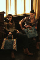 Myra Crimson Glade Floral Canvas Tote Bag - Dual Handle Leather Strap Upcycled Denim Bag for Fun Outings