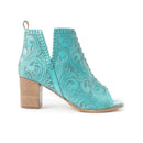Myra Persimmonee Embossed Leather Heels for Women – Open Toe, Mid Block Heel, Western Cowgirl Fashion for Rodeo Evenings