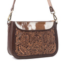 Myra Copper Crest Handtooled Hairon Leather Clutch in Saddle Walnut