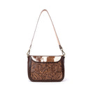 Myra Copper Crest Handtooled Hairon Leather Clutch in Saddle Walnut