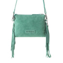 Myra Boot Stitch Suede Bag for Women in green with embroidery and fringe detail