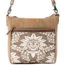 Myra Crestbloom Vintage Crossbody Bag for Women in olive with print detail
