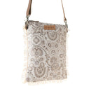 Loom Tapestry upcycled canvas crossbody Bag for Women in sage with fringe detail