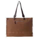 Myra Juniper Weekender Bag for Women with upcycled canvas and hairon hide with embossed leather detail