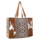 Myra Elisa Leather Weekender Bag - Spacious Cowhide Travel Tote with Tribal Woven Panel and Dual Shoulder Straps