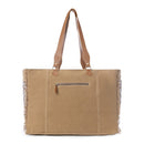 Myra Elisa Leather Weekender Bag - Spacious Cowhide Travel Tote with Tribal Woven Panel and Dual Shoulder Straps