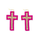 Beaded Cross Dangle Earrings in Magenta