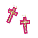 Beaded Cross Dangle Earrings in Magenta