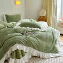 DecorBites™ French Carved Velvet Lace Ruffles Bedding Set, Coral Velvet Duvet Cover, Luxury Bed Sheet