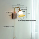 DecorBites™ Glass Pink LED Wall Sconce, Pull Chain Switch, Walnut Wood Bedside Lamp