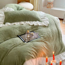 DecorBites™ French Carved Velvet Lace Ruffles Bedding Set, Coral Velvet Duvet Cover, Luxury Bed Sheet