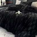DecorBites™ Cozy Faux Rabbit Fur Bedding Set in Black & Grey: Duvet, Sheets, Pillowcases