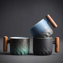 DecorBites™ Gradient Glaze Ceramic Coffee Cup with Wooden Handle for Home and Office