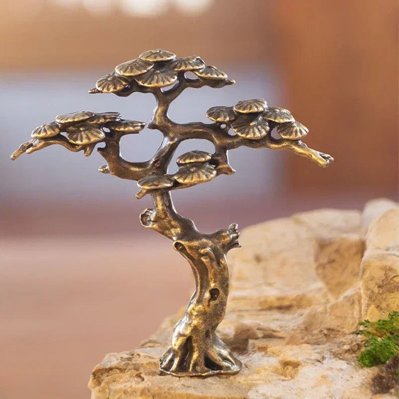 brass bonsai tree Brass Welcoming Pine Tree Miniature Figurine Copper Faux Tree Decor fo