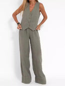 Women Sleeveless Vest – Casual Colorblock Collage Pants Suit