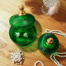 DecorBites™ Green Striped Glass Jar with Lid, Small Objects Jewelry Storage Jar