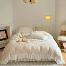 DecorBites™ French Carved Velvet Lace Ruffles Bedding Set, Coral Velvet Duvet Cover, Luxury Bed Sheet